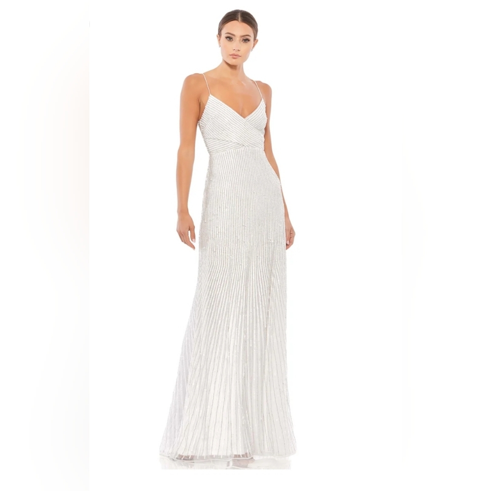 NWT MAC DUGGAL Pearl Sequin/Beaded Spaghetti Strap Gown, Size 8